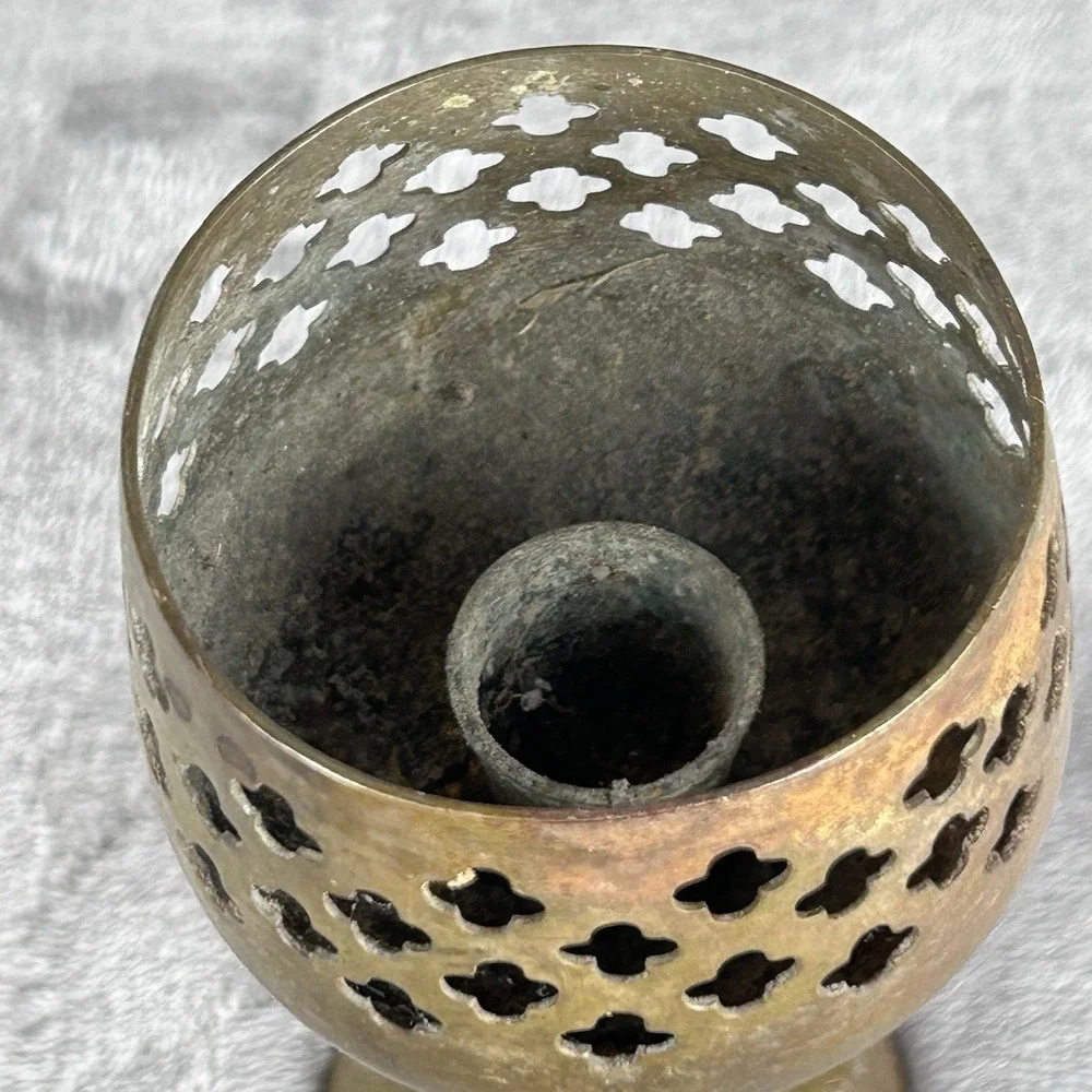 Candlestick Candle Holder Goblet Style Vintage Solid Brass Lovely Patina Cut Out